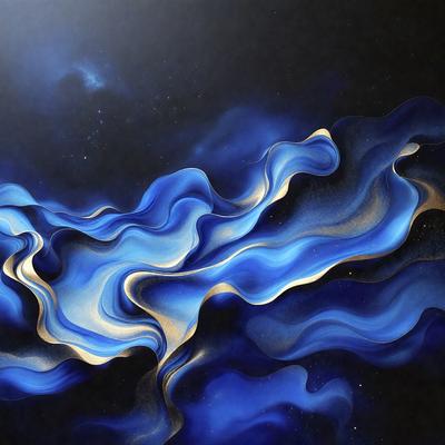The primary subject of the image is a blue and gold swirl pattern, which appears to be a digital art or illustration. The setting is a black background, which contrasts with the vibrant colors of the swirl pattern. The visual style suggests a creative and artistic approach to the image. The dominant colors are blue and gold, creating a sense of depth and movement in the swirl pattern.